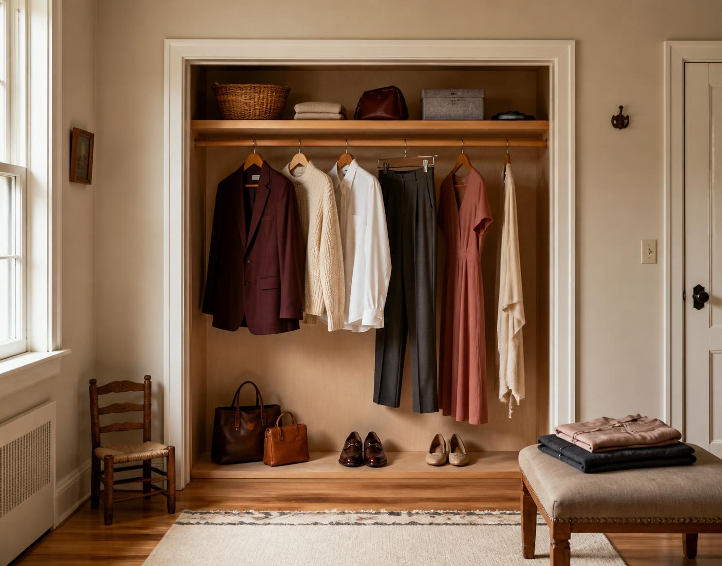 An edited wardrobe of maroon, cream, white and charcoal clothing