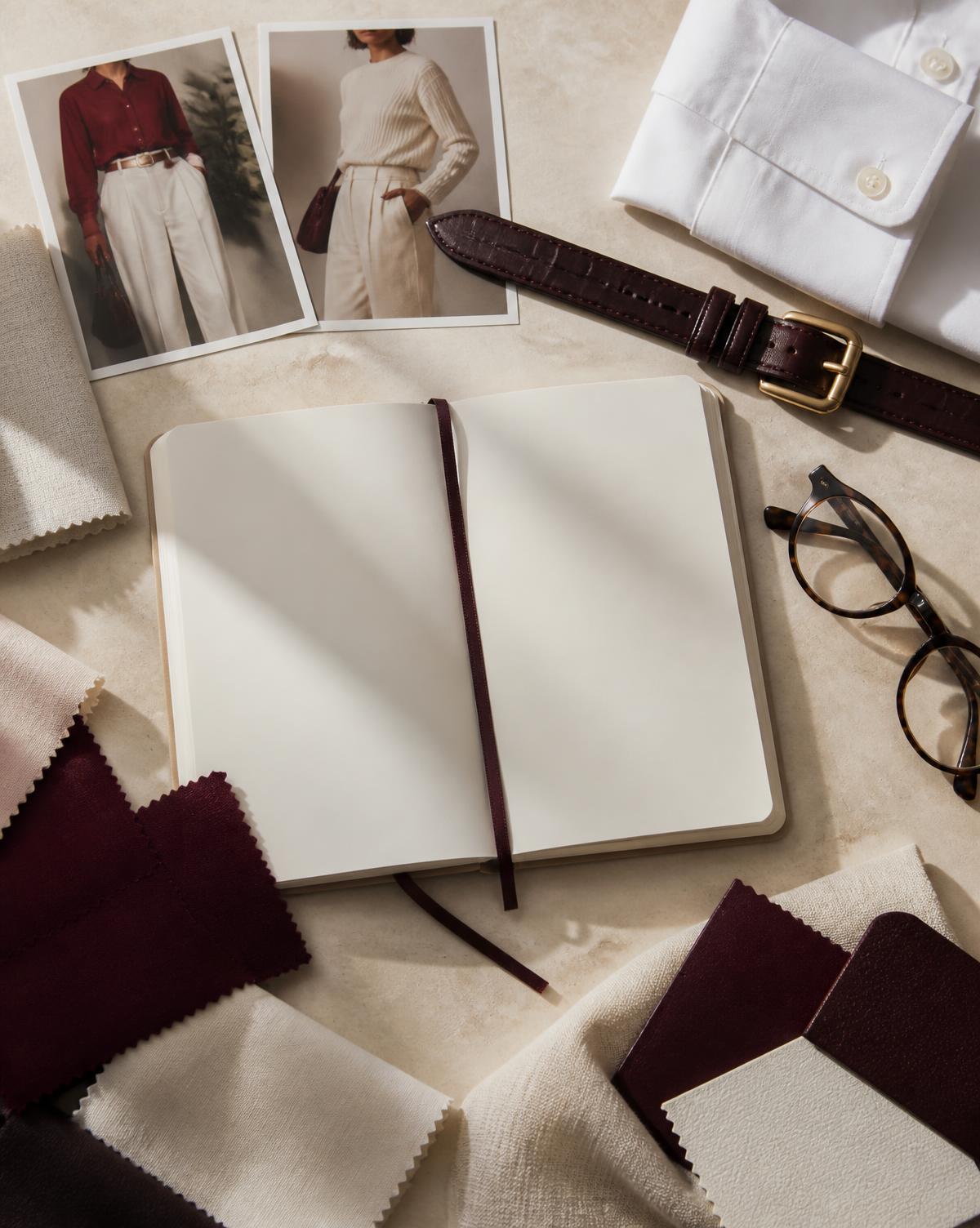 A wardrobe planning notebook, fabric swatches, belt, shirt and outfit photographs